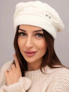 Dámská zimní vlněná čepice se zdobnými krystaly K399 ecru