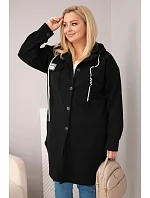 Dámský kabát Plus Size s kapucí zapínaný na knoflíky černý