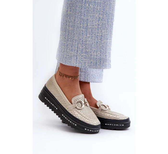 Lesklé kožené dámské mokasíny na platformě s ozdobou S.Barski LR750 zlaté