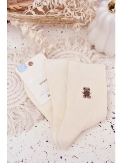 Dámské teplé ponožky s vlna a motivem medvídka – ecru