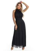 636-3 VERONICA luxusní dlouhé šaty s brokátovým akcentem a elegantním střihem - černé