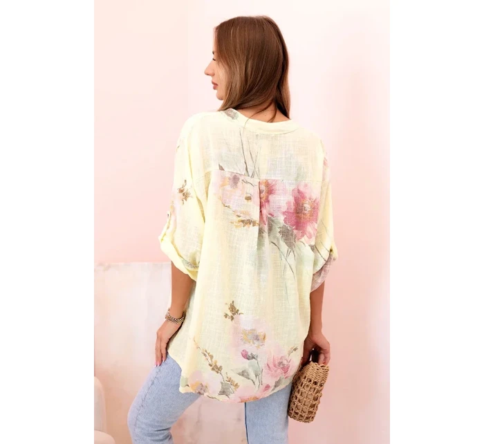 Dámská blůza z bavlny s květinovým vzorem a knoflíky žlutý