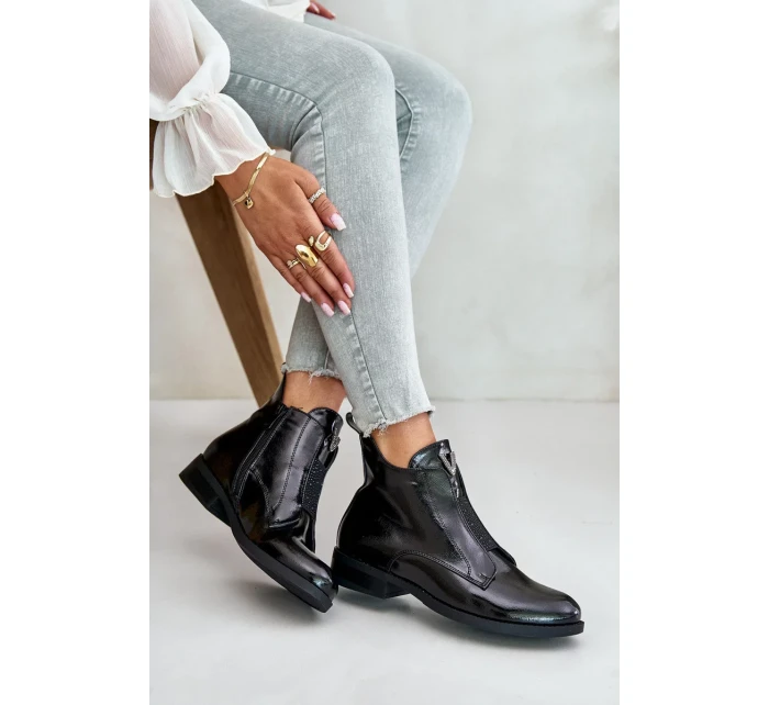 Lakované Nízké Dámské Kotníkové Boty Na Plochém Podpatku Zateplené Černé S.Barski Černé Lakované Nízké Dámské Kotníkové Boty Na Plochém Podpatku Zateplené Černé S.Barski Černé