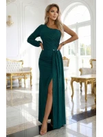 658-2 Třpytivé maxi šaty na jedno rameno s asymetrickými rukávy a rozparkem - lahvově zelené 658-2 Třpytivé maxi šaty na jedno rameno s asymetrickými rukávy a rozparkem - lahvově zelené