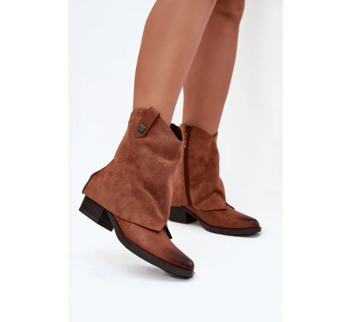 Dámské zateplené kotníkové botky kovbojky na sloupku – camel Sylvette Dámské zateplené kotníkové botky kovbojky na sloupku – camel Sylvette