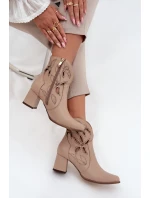 Kožené vzorované boty na podpatku  světle béžové model 21713228 - Zazoo