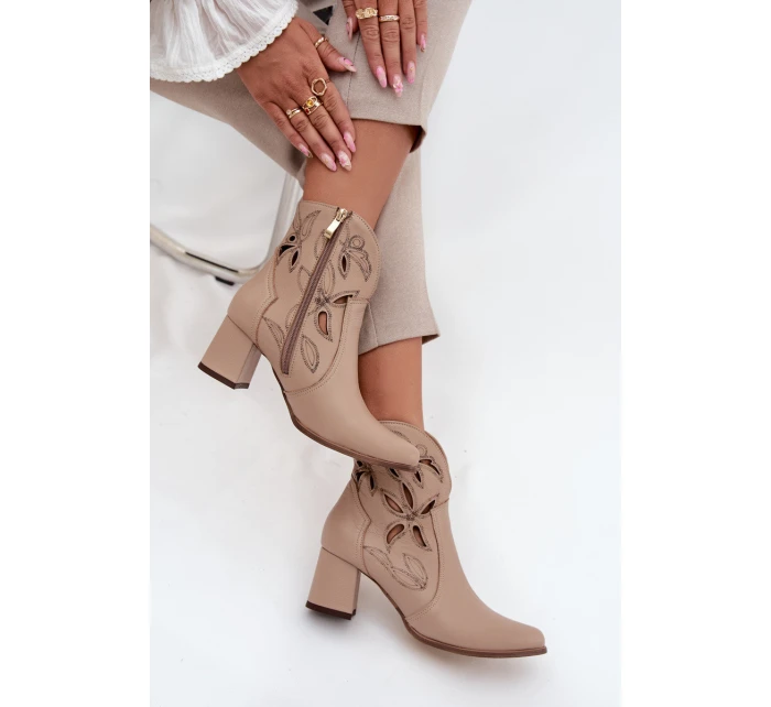 Kožené vzorované boty na podpatku  světle béžové model 21713228 - Zazoo
