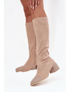 Dámské kozačky s ozdobou na Eko semiš béžové model 21715294 - Boto