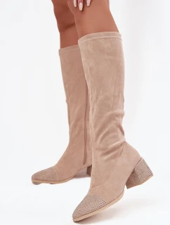 Dámské kozačky s ozdobou na Eko semiš béžové model 21715294 - Boto