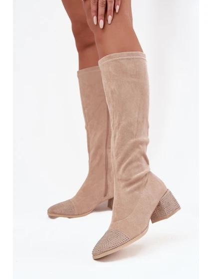 Dámské kozačky s ozdobou na Eko semiš béžové model 21715294 - Boto