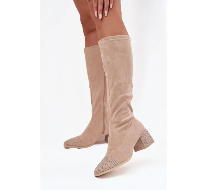Dámské kozačky s ozdobou na Eko semiš béžové model 21715294 - Boto