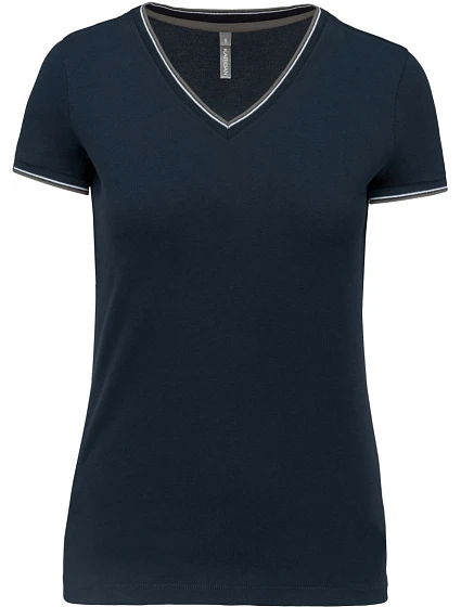 Kariban K 394 Dámské piqué tričko s V výstřihem 20.K394 navy/light grey/white