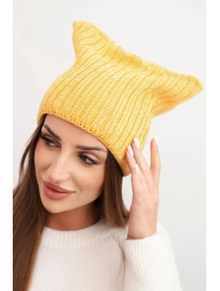Dámská zimní čepice z vlny s kočičím střihem z žebrované pleteniny K419 žlutá