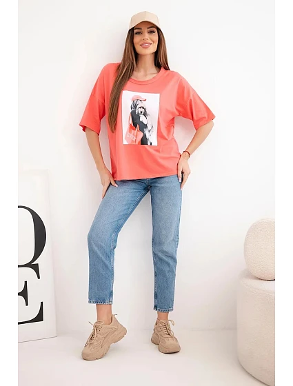 Dámská bavlněná oversize halenka s krátkým rukávem a model 22042984 potiskem meruňková - K-Fashion