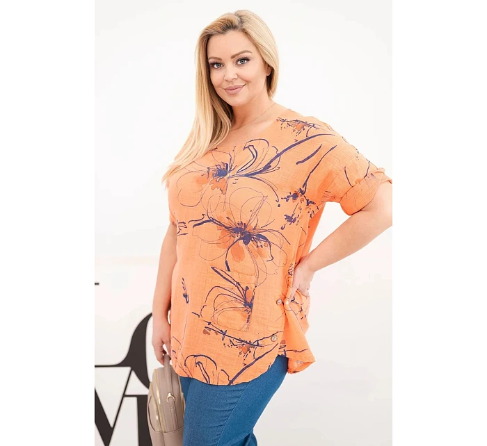 Dámská bavlněná halenka Plus Size s krátkým rukávem a kapsou oranžová