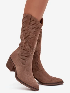 Dámské perforované kozačky Olivette – kovbojky na podpatku – tmavě béžové
