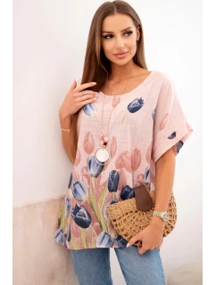 Dámská bavlněná košile s květinovým vzorem pudrově růžová