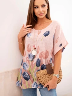 Dámská bavlněná košile s květinovým vzorem pudrově růžová