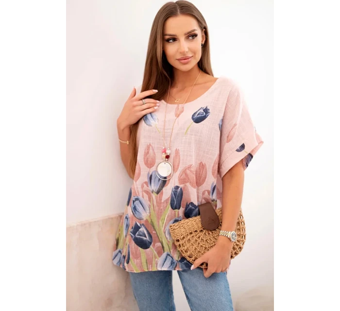 Dámská bavlněná košile s květinovým vzorem pudrově růžová