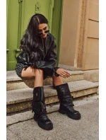 Zateplené nazouvací dámské kozačky na masivní platformě s kapsami Černé model 21710069 - Boto