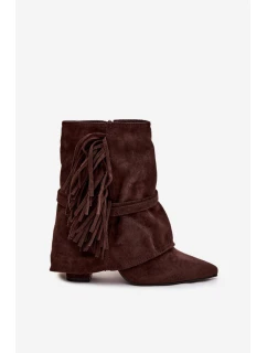 Dámské kotníkové boty na sloupkovém podpatku s třásněmi a zlatými přezkami Evelisse – čokoládové