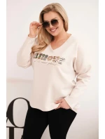 Dámská mikina Plus Size s nápisem a výstřihem do V béžová