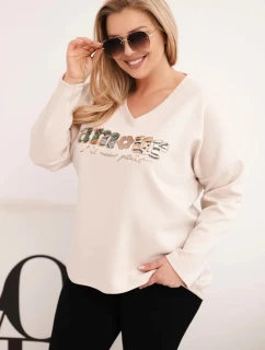 Dámská mikina Plus Size s nápisem a výstřihem do V béžová