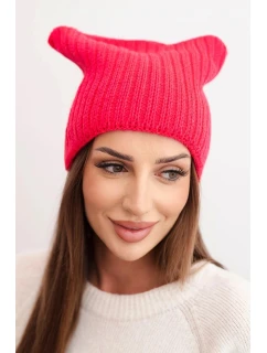 Dámská zimní čepice s vlnou v kočičím střihu z pruhované pleteniny K419 fuchsiová