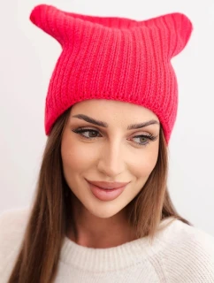 Dámská zimní čepice s vlnou v kočičím střihu z pruhované pleteniny K419 fuchsiová