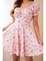 Dámské květinové šaty s nabíraným rukávem a elastickým pasem pudrově růžová
