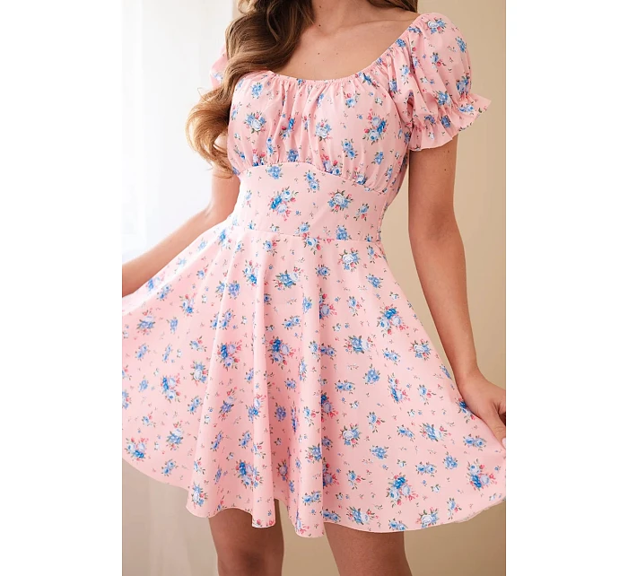 Dámské květinové šaty s nabíraným rukávem a elastickým pasem pudrově růžová