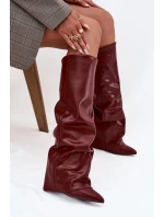 Zateplené dámské kozačky s vytočeným horním lemem na podpatku bordó Elivira