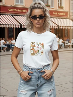 Dámské bavlněné tričko s motivem listů, bílé, FashionStreet NX8052RY