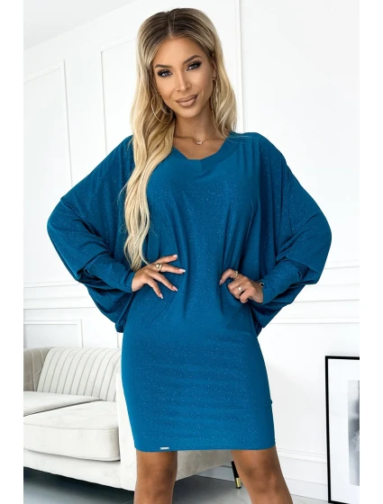 402-3 Netopýří šaty s výstřihem - mořská barva s třpytkami