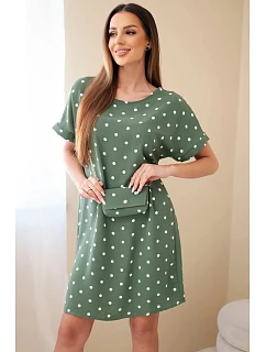 Dámské šaty s puntíky s krátkým rukávem a kabelkou khaki