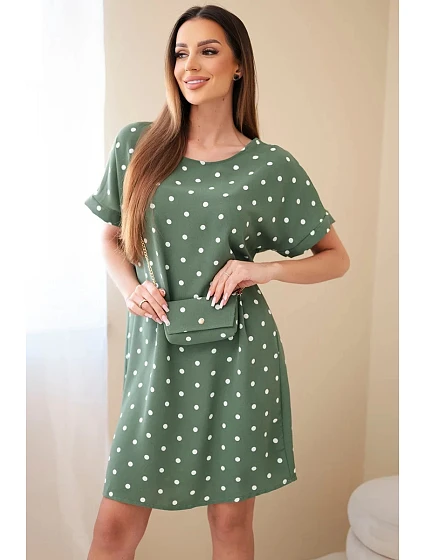 Dámské šaty s puntíky s krátkým rukávem a kabelkou khaki Dámské šaty s puntíky s krátkým rukávem a kabelkou khaki