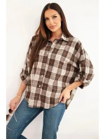 Dámská kostkovaná oversize košile s kapsami hnědá Dámská kostkovaná oversize košile s kapsami hnědá