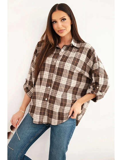 Dámská kostkovaná oversize košile s kapsami hnědá Dámská kostkovaná oversize košile s kapsami hnědá