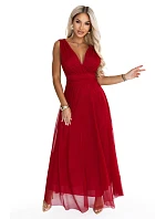 687-2 Elegantní maxi šaty s výstřihem do V a odhalenými zády – světle vínová
