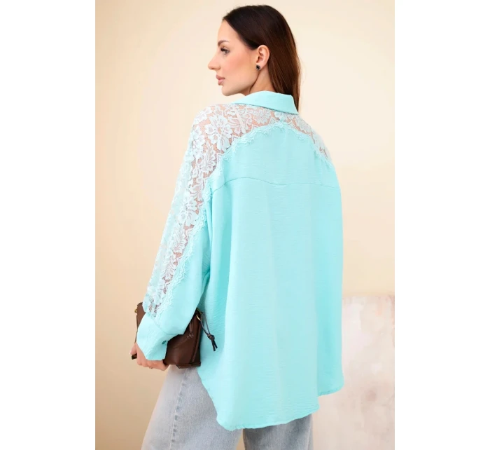 Dámská viskózová košile s krajkovými rukávy a límečkem mátová