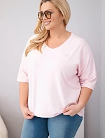 Dámská bavlněná oversize halenka Plus Size s výstřihem do V bonbónová růžová