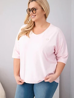 Dámská bavlněná oversize halenka Plus Size s výstřihem do V bonbónová růžová