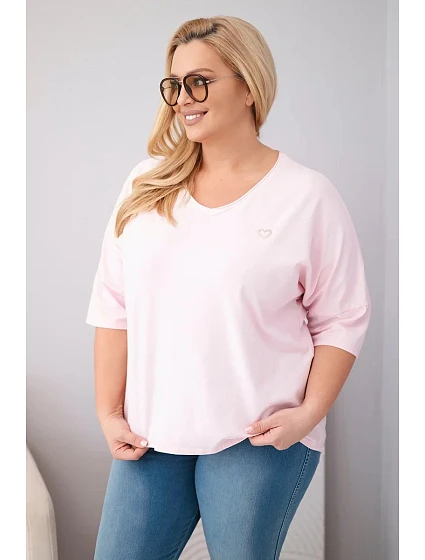 Dámská bavlněná oversize halenka Plus Size s výstřihem do V bonbónová růžová