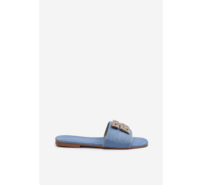 Dámské džínové pantofle na plochém podpatku a zdobení, modrá Inaile