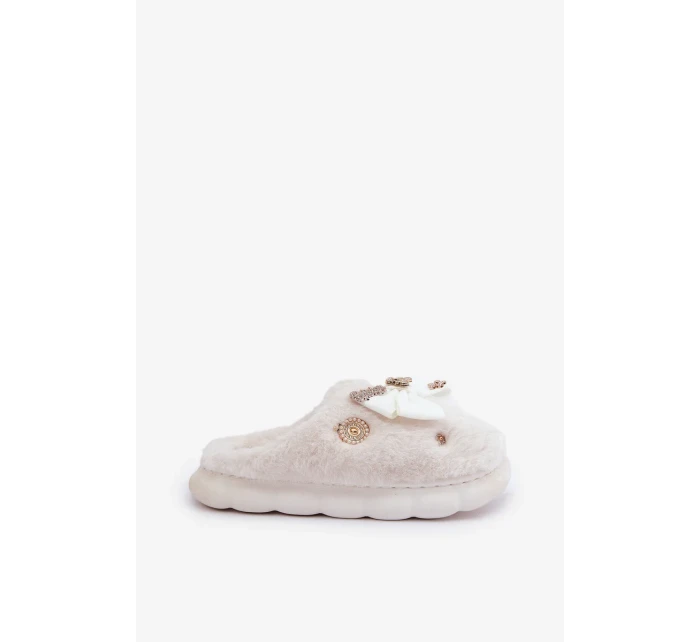 Futrzane Pantofle s Mašlí a Brožemi Bílé Annalira