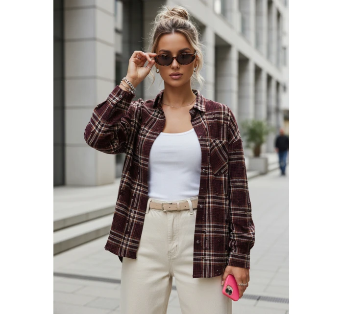 Koszula w kratę damska z przetarciami bordowa FashionStreet DY0484