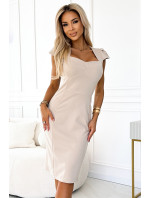 Elegantní béžové dámské midi šaty s výstřihem model 20137693 - numoco