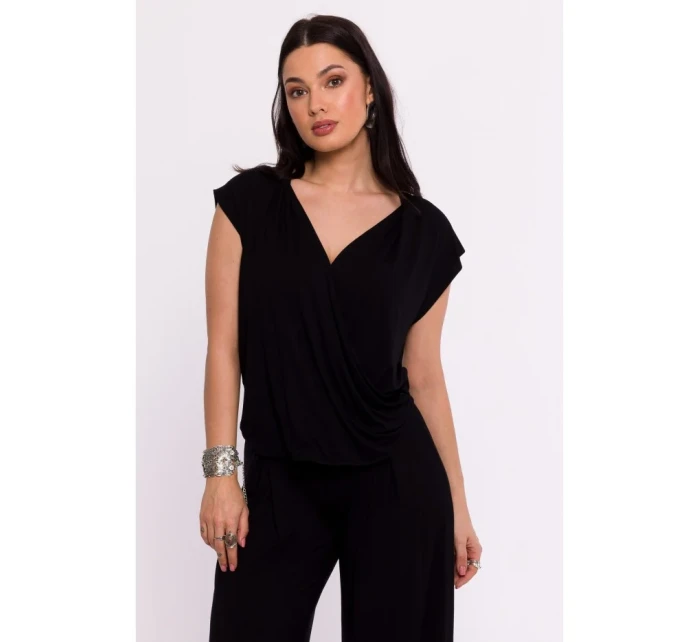B288 Viskózový zavinovací top s výstřihem do V - černý