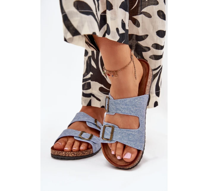 Dámské pantofle na korkové platformě s přezkami – světlý denim