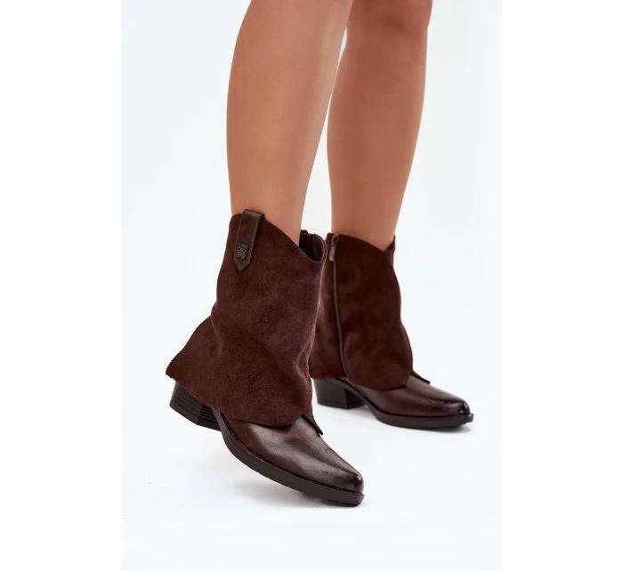 Dámské zateplené kotníkové botky kovbojky na sloupku – čokoládové Sylvette